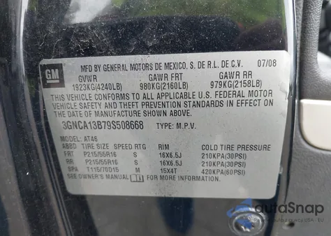 2009 Chevrolet Hhr Ls z USA, uszkodzony, nr VIN 3GNCA13B79S508668